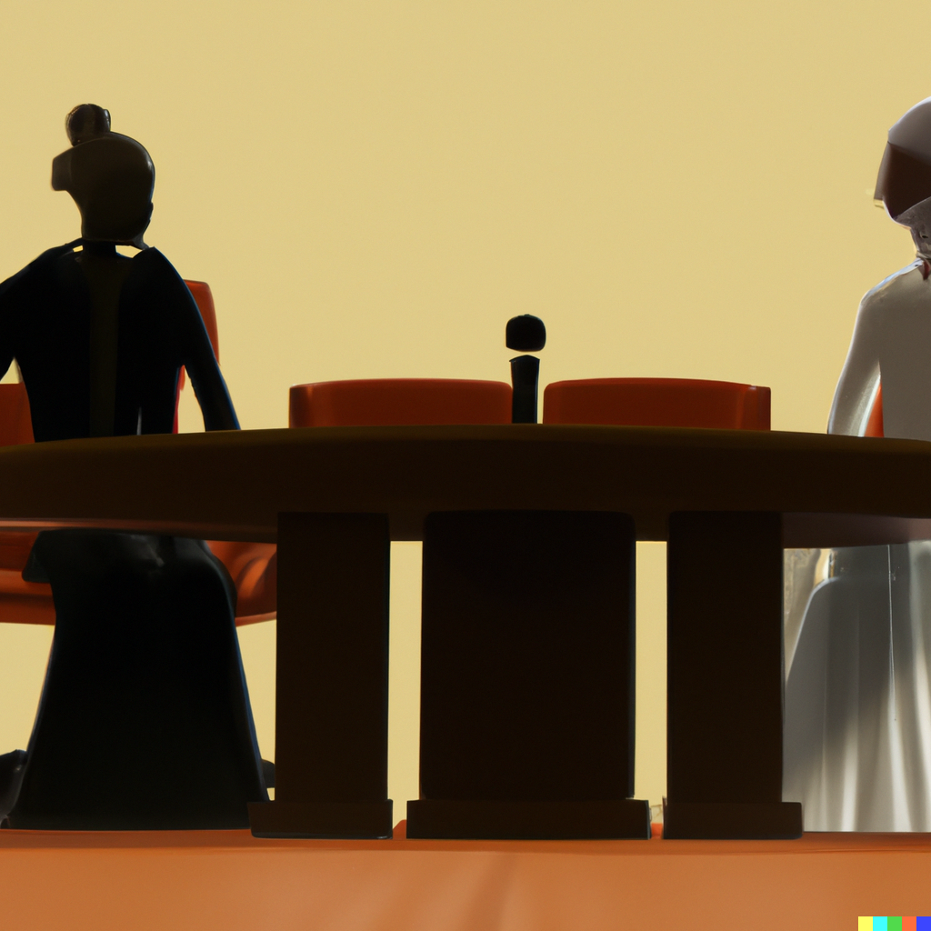 a courtroom setting, symbolizing the traditional adversarial legal process, with one lawyer on one side and another lawyer on the opposite side. In the middle, there could be a table or scale representing mediation-arbitration, suggesting a more collaborative and balanced approach. To highlight the client's reluctance, you could have the client depicted separately, standing at a distance or hesitatingly looking at the mediation-arbitration option.